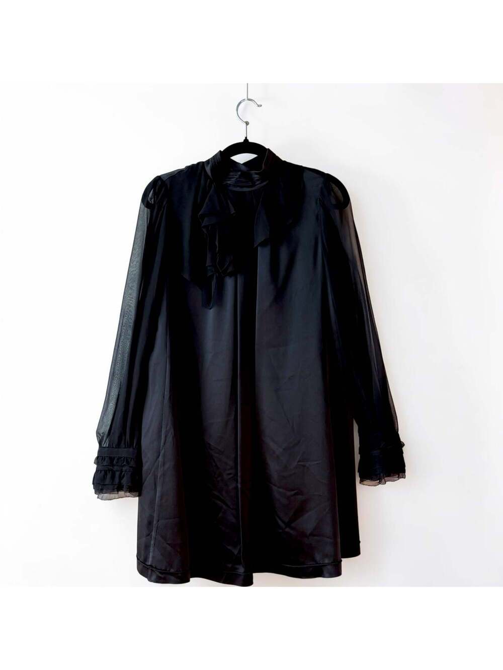 NWT Hanii Y. Black 100% Silk Ruffle Collar Goth GIrl Dress Size 40 / US 4-6